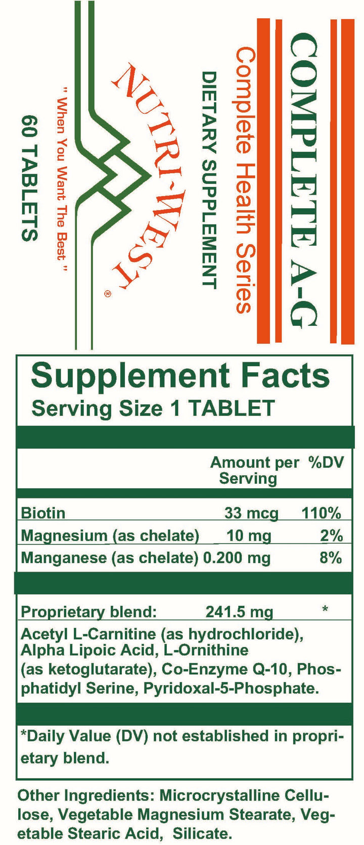 Nutri-West - Complete A-G - 60 Tablets - Supplement Facts panel