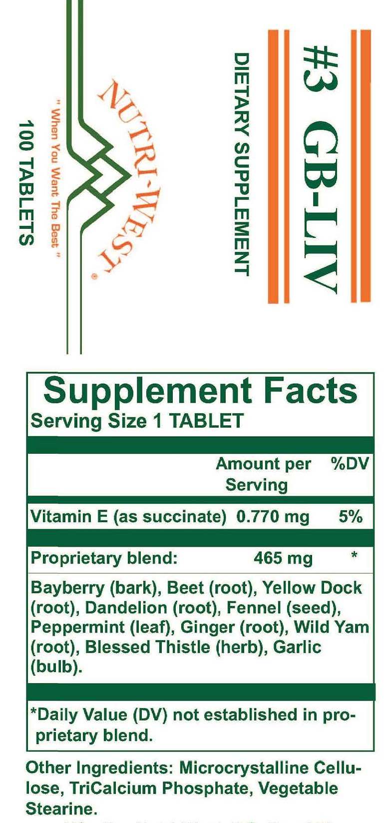 Nutri-West - #3 GB-LIV (Herbal) - 100 Tablets - Supplement Facts panel