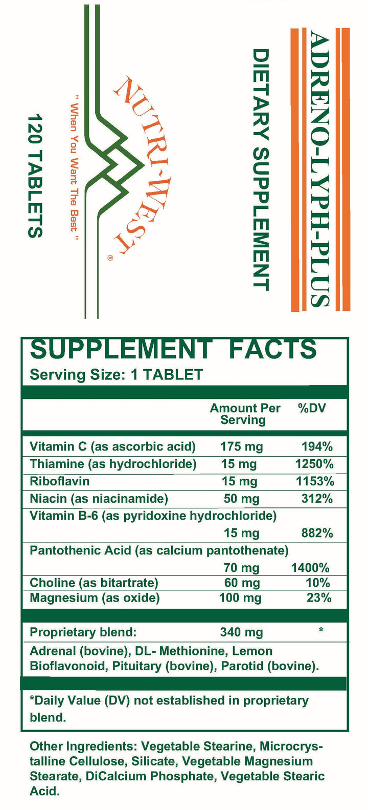 Nutri-West - Adreno Lyph Plus - 120 Tablets - Supplement Facts panel