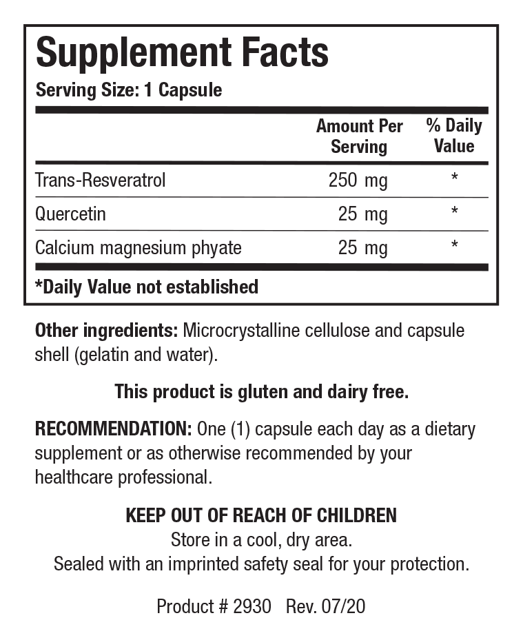 Biotics Research ResveraSirt-HP 30 Capsules - Supplement Facts panel
