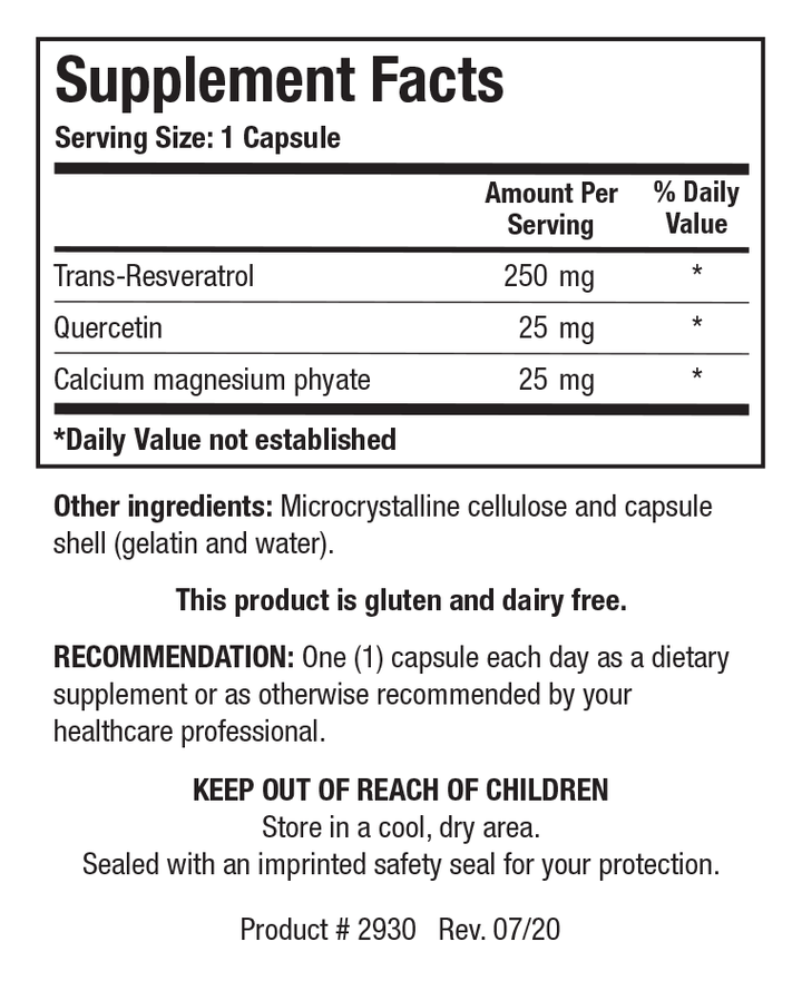 Biotics Research ResveraSirt-HP 30 Capsules - Supplement Facts panel