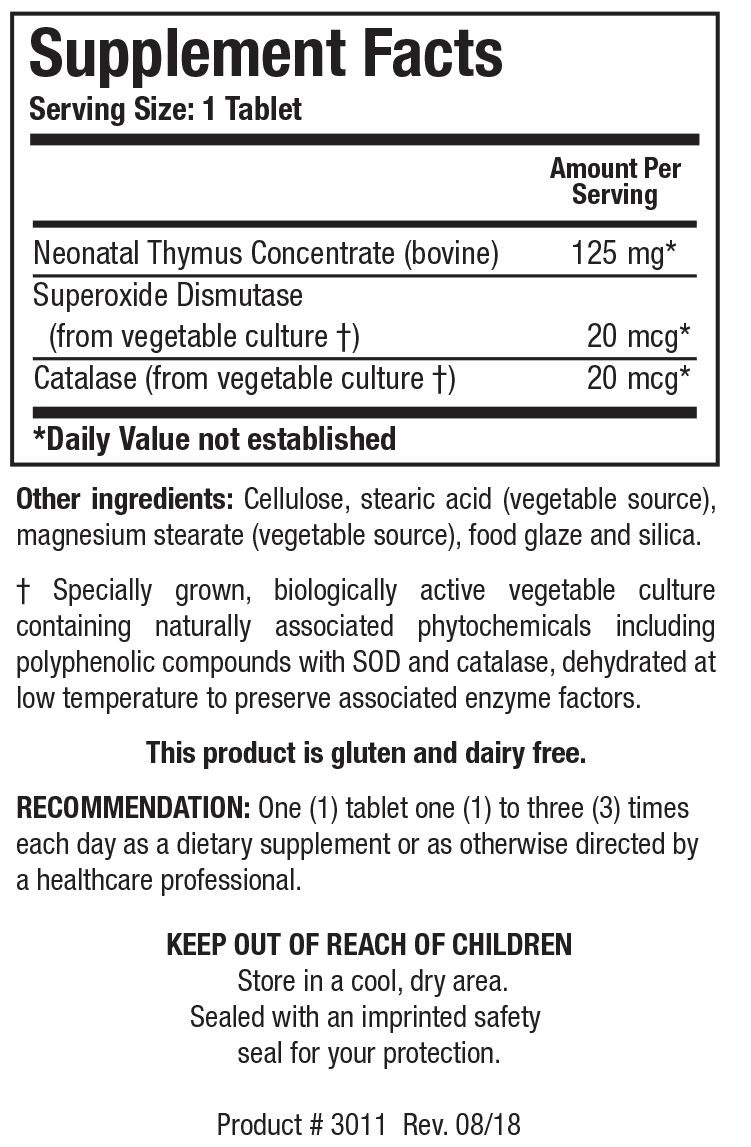 Biotics Research Cytozyme-THY (Neonatal Thymus) 180 Tablets - Supplement Facts panel