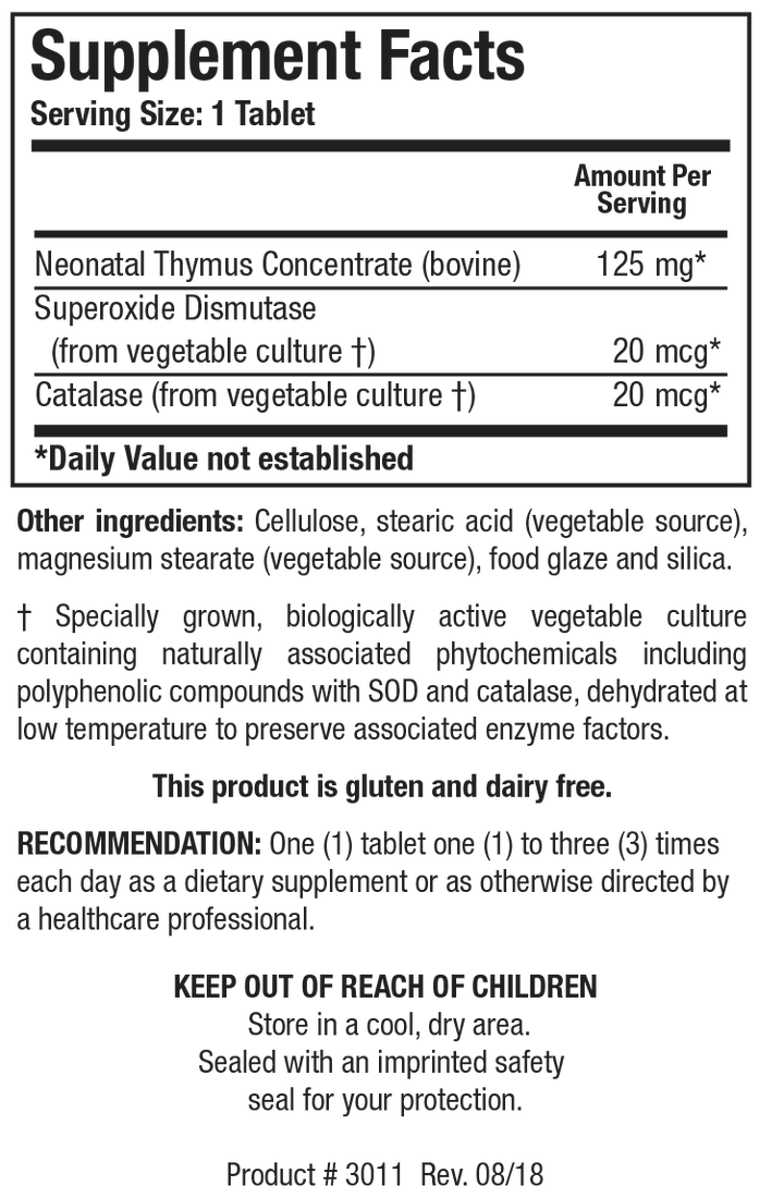 Biotics Research Cytozyme-THY (Neonatal Thymus) 180 Tablets - Supplement Facts panel