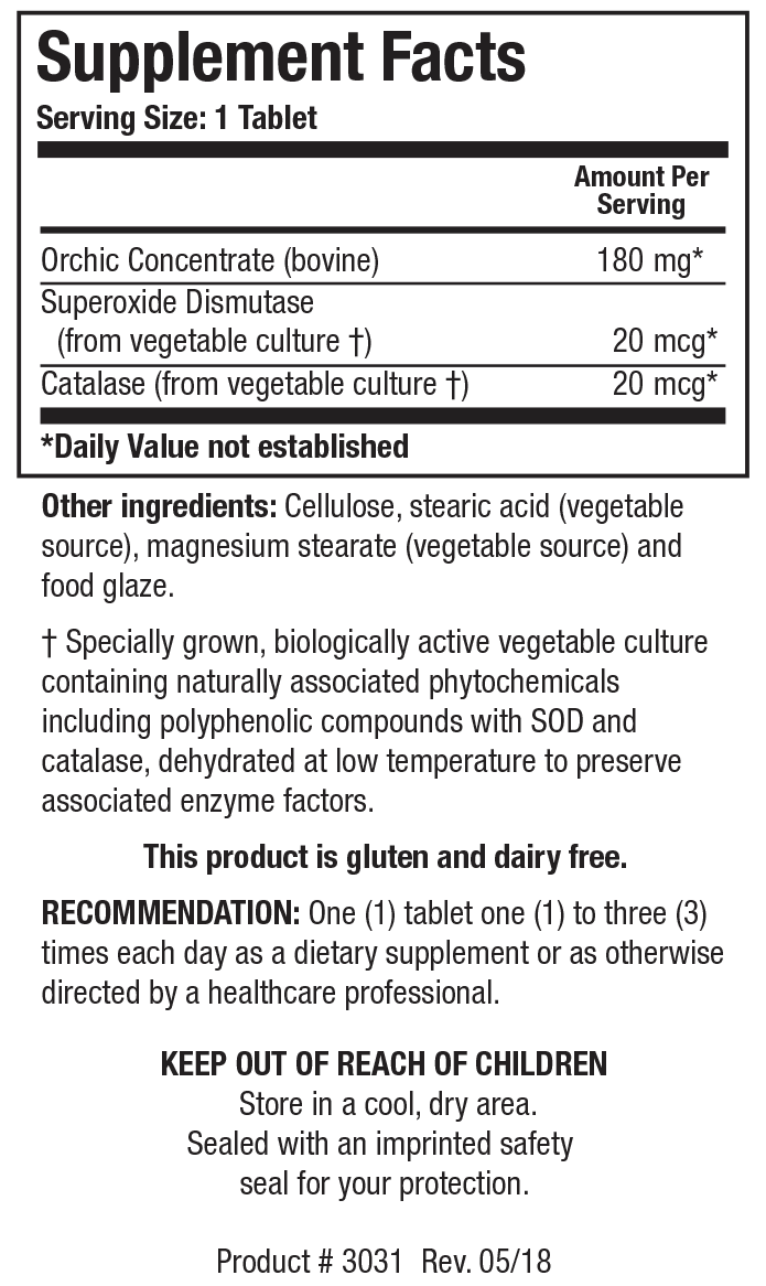 Biotics Research Cytozyme Orchic (Raw Orchic) - Supplement Facts panel