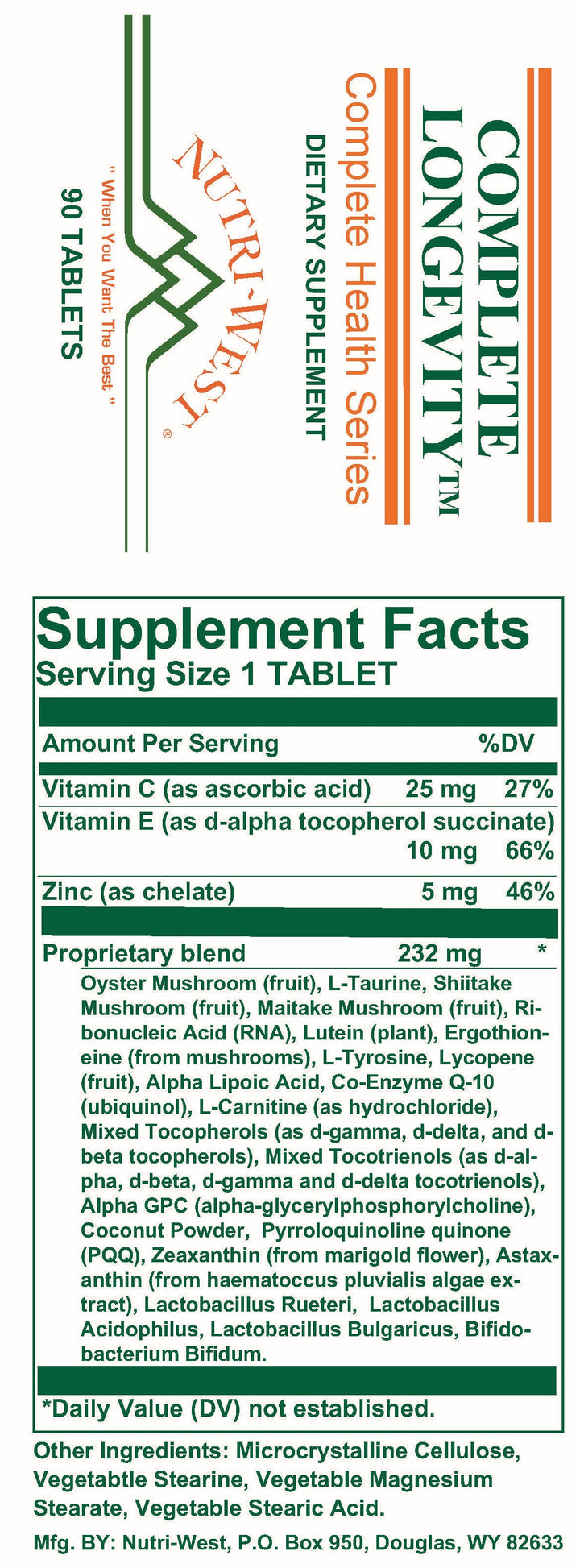 Nutri-West - Complete Longevity - 90 Tablets - Supplement Facts panel