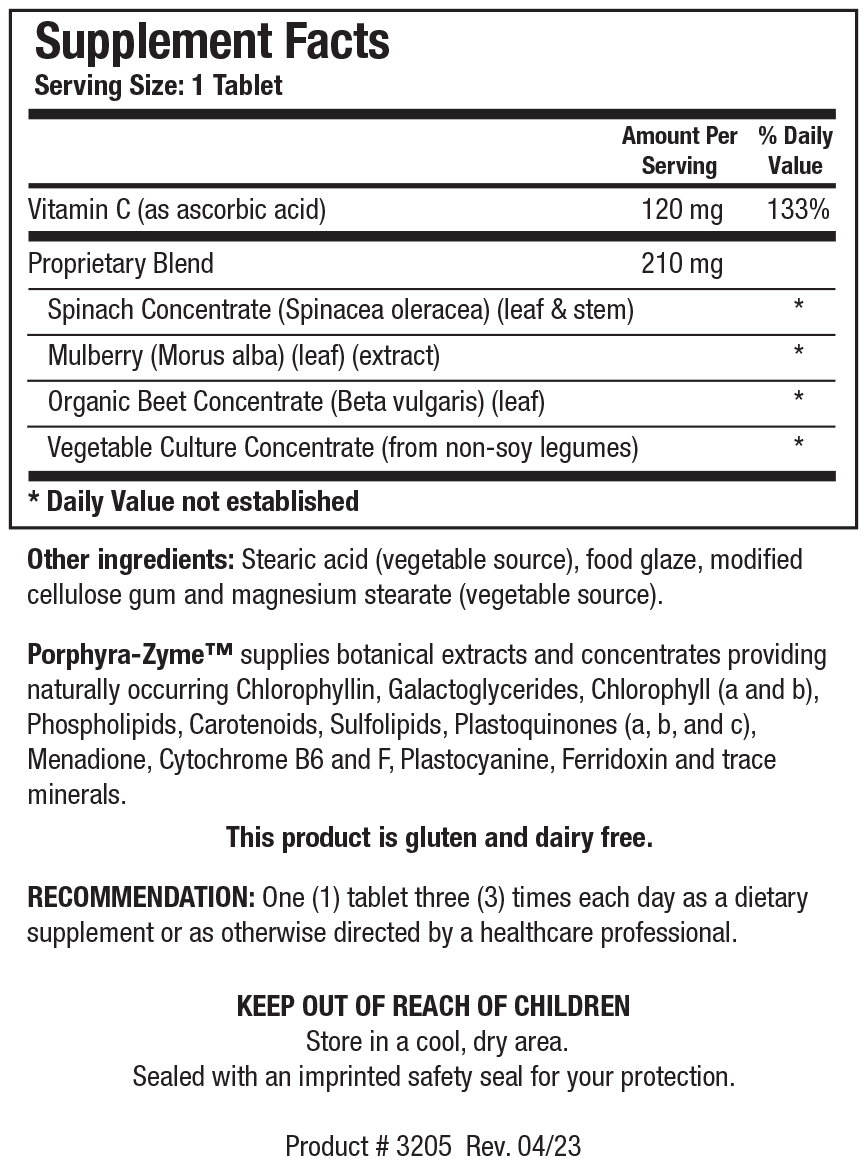 Biotics Research Porphyra-Zyme 90 Tablets - Supplement Facts panel