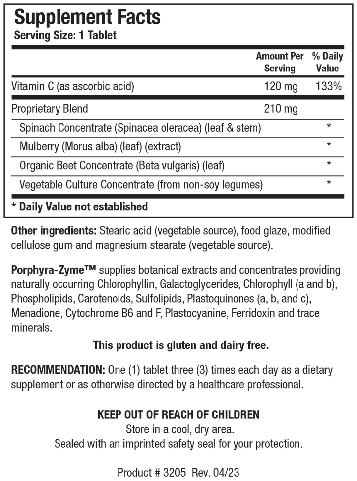 Biotics Research Porphyra-Zyme 90 Tablets - Supplement Facts panel