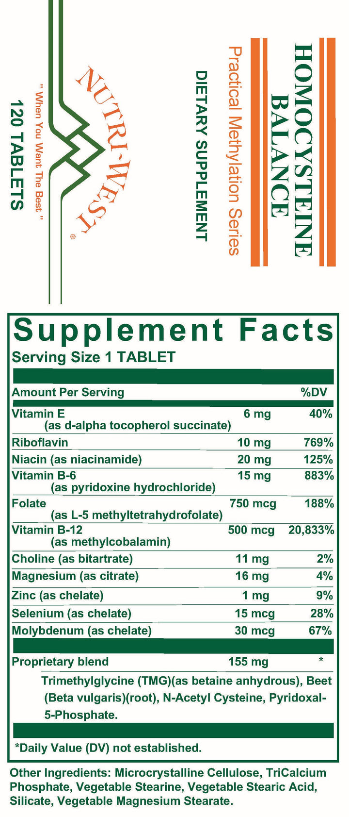 Nutri-West - Homocysteine Balance - 120 Tablets - Supplement Facts panel