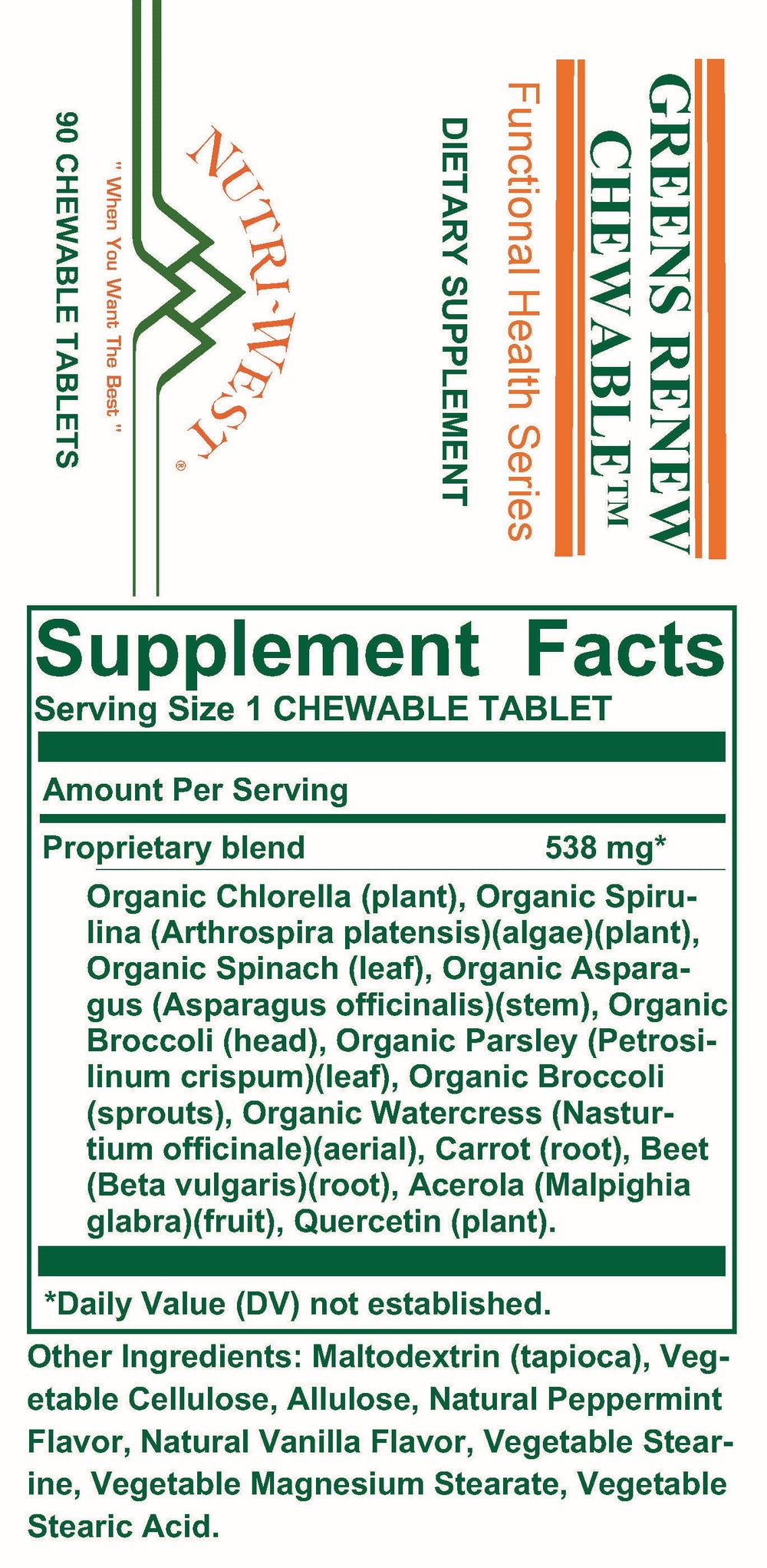 Nutri-West - Greens Renew Chewable - 90 Chewable Tablets - Supplement Facts panel