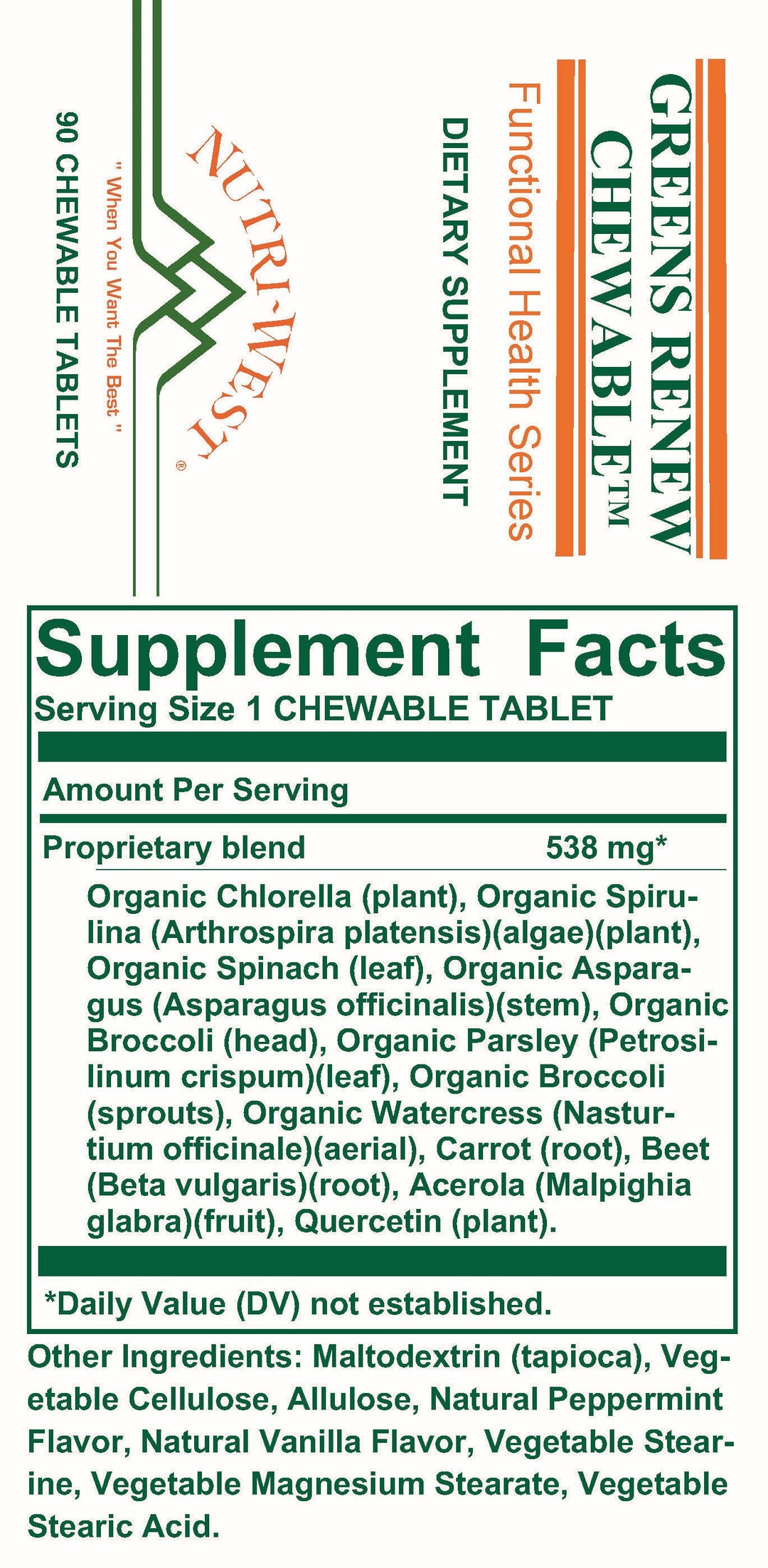 Nutri-West - Greens Renew Chewable - 90 Chewable Tablets - Supplement Facts panel