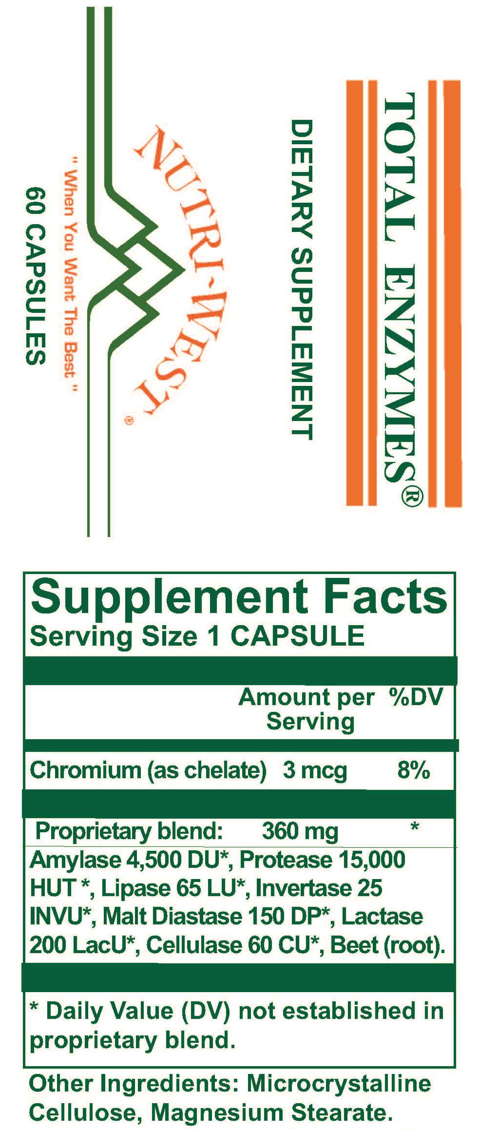 Nutri-West - Total Enzymes - 60 Capsules - Supplement Facts panel