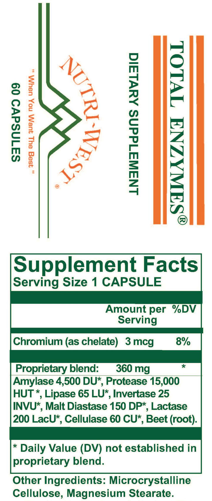 Nutri-West - Total Enzymes - 60 Capsules - Supplement Facts panel