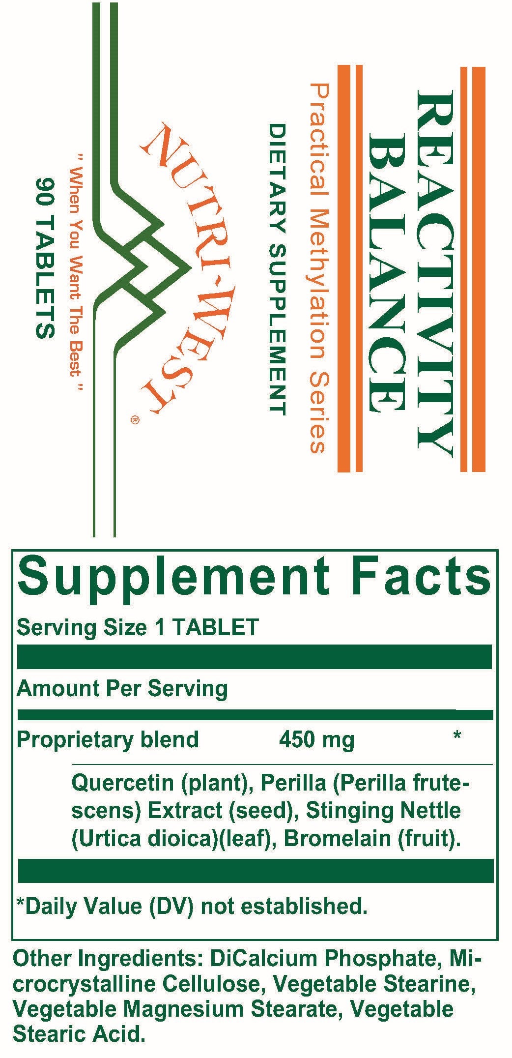 Nutri-West - Reactivity Balance - 90 Tablets - Supplement Facts panel