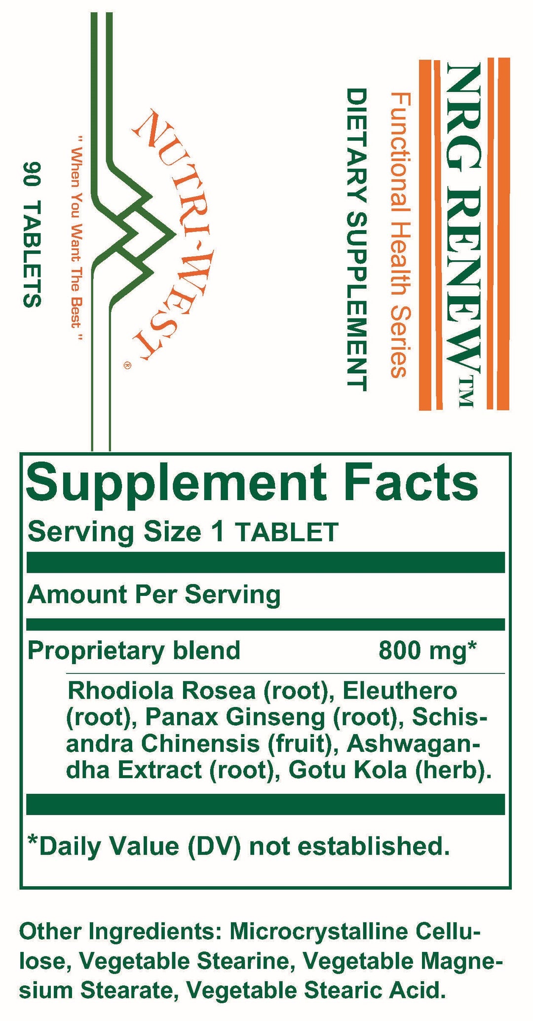 Nutri-West - NRG Renew - 90 Tablets - Supplement Facts panel
