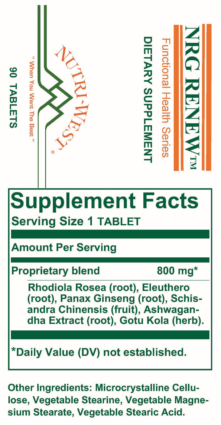 Nutri-West - NRG Renew - 90 Tablets - Supplement Facts panel