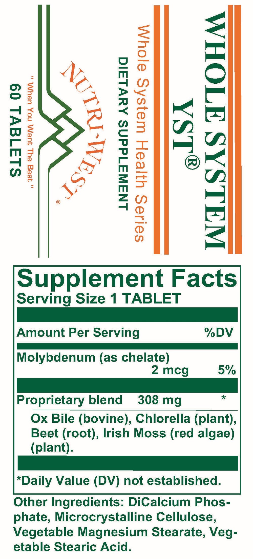 Nutri-West - Whole System Yst - 60 Tablets - Supplement Facts panel