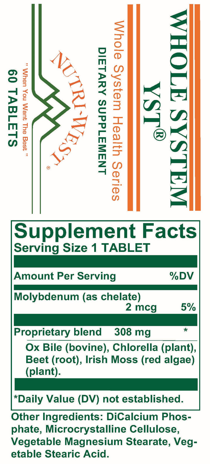 Nutri-West - Whole System Yst - 60 Tablets - Supplement Facts panel