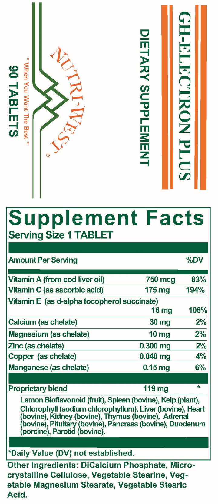 Nutri-West - GH-Electron Plus - 90 Tablets - Supplement Facts panel