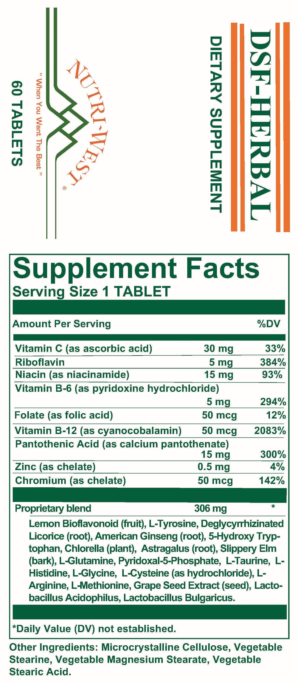 Nutri-West - DSF Herbal - 60 Tablets - Supplement Facts panel