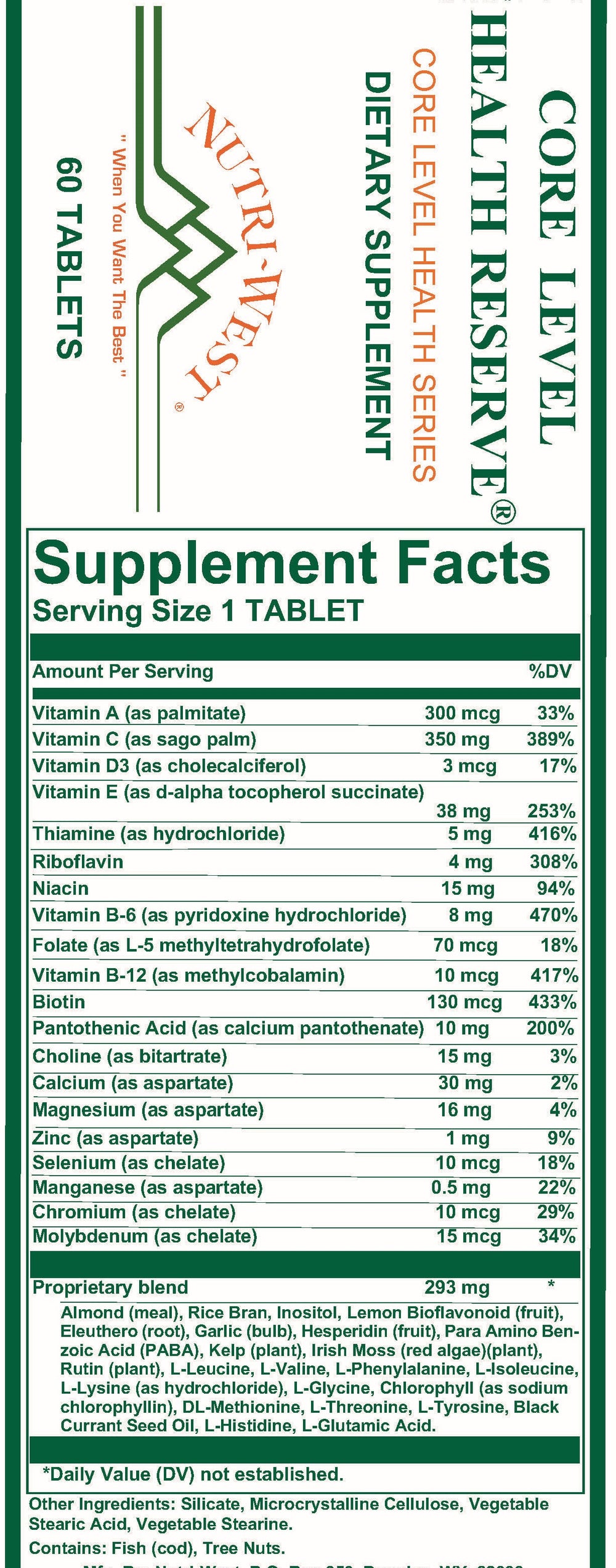 Nutri-West - Core Level Health Reserve - 60 Tablets - Supplement Facts panel