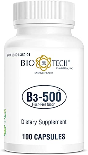 Bio-Tech Pharmacal B3-500, 100 Capsules – All-Natural Supplement – Supports Cardiovascular, Nerve, &amp; Skin Health – No Dairy, Fish, Gluten, Peanut, Shellfish, GMOs, &amp; Soy – No Artificial Colors