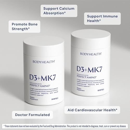 BodyHealth D3 + MK7 - Vitamin D3 5000IU, Vitamin K1, Vitamin K2 - Easy to Swallow Supplement, Supports Bone Strength &amp; Calcium Absorbtion* - 60 Softgels