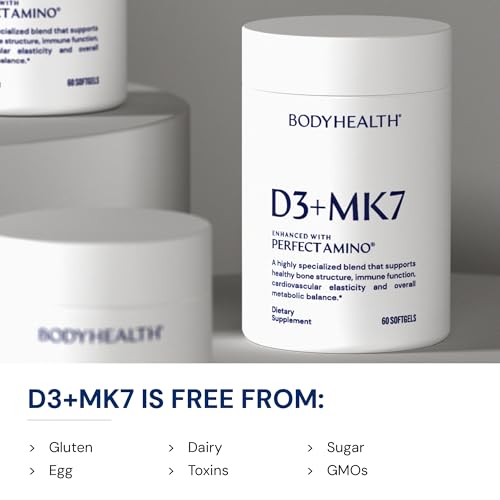 BodyHealth D3 + MK7 - Vitamin D3 5000IU, Vitamin K1, Vitamin K2 - Easy to Swallow Supplement, Supports Bone Strength &amp; Calcium Absorbtion* - 60 Softgels