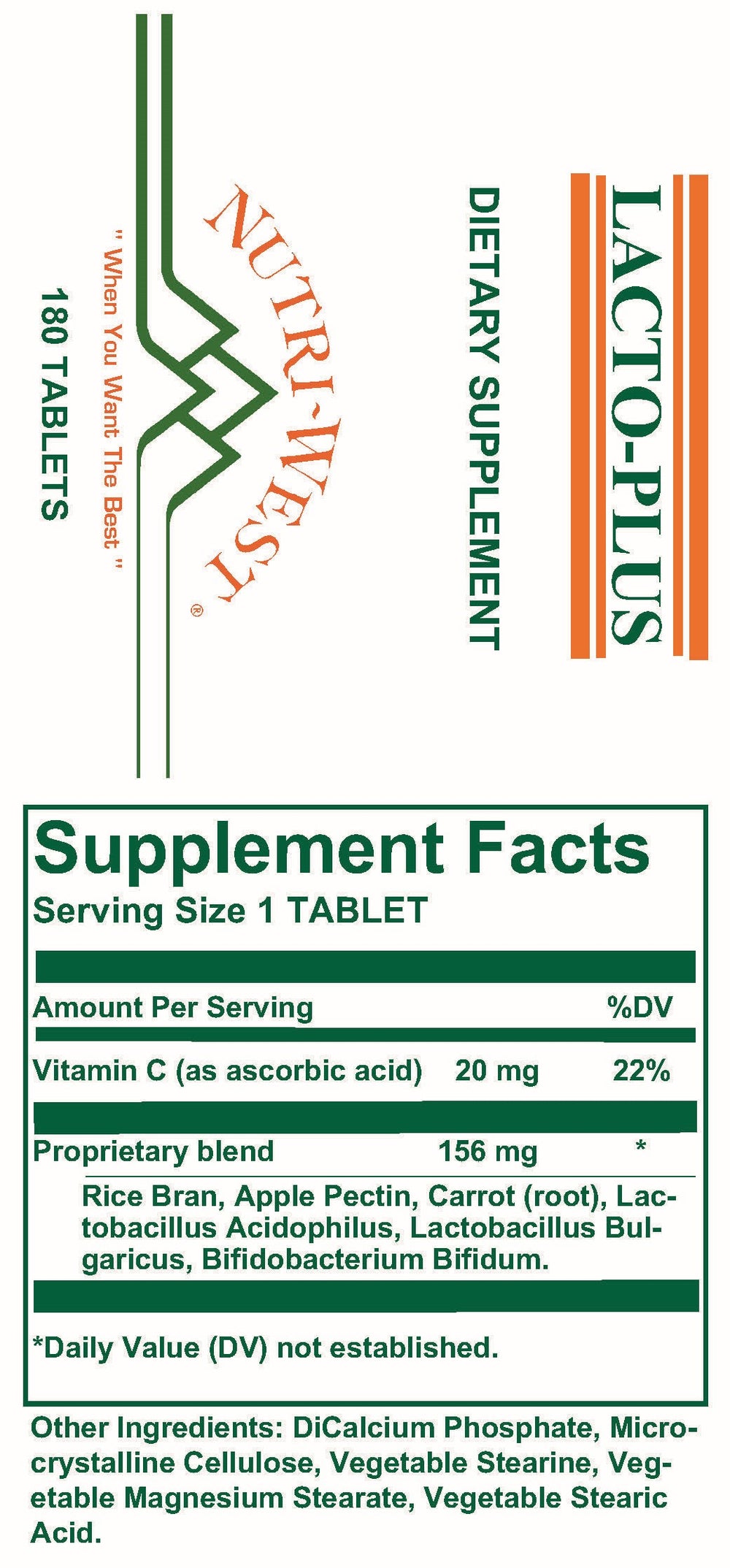 Nutri-West - Lacto-Plus - 180 Tablets - Supplement Facts panel