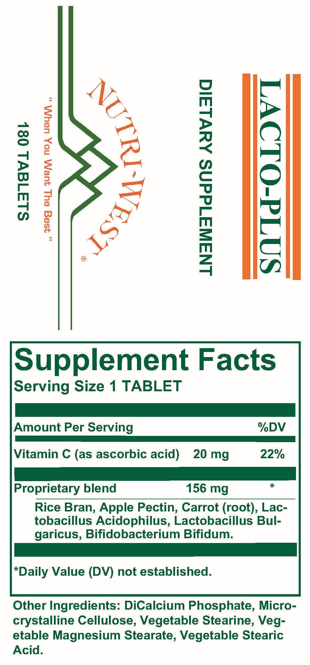 Nutri-West - Lacto-Plus - 180 Tablets - Supplement Facts panel