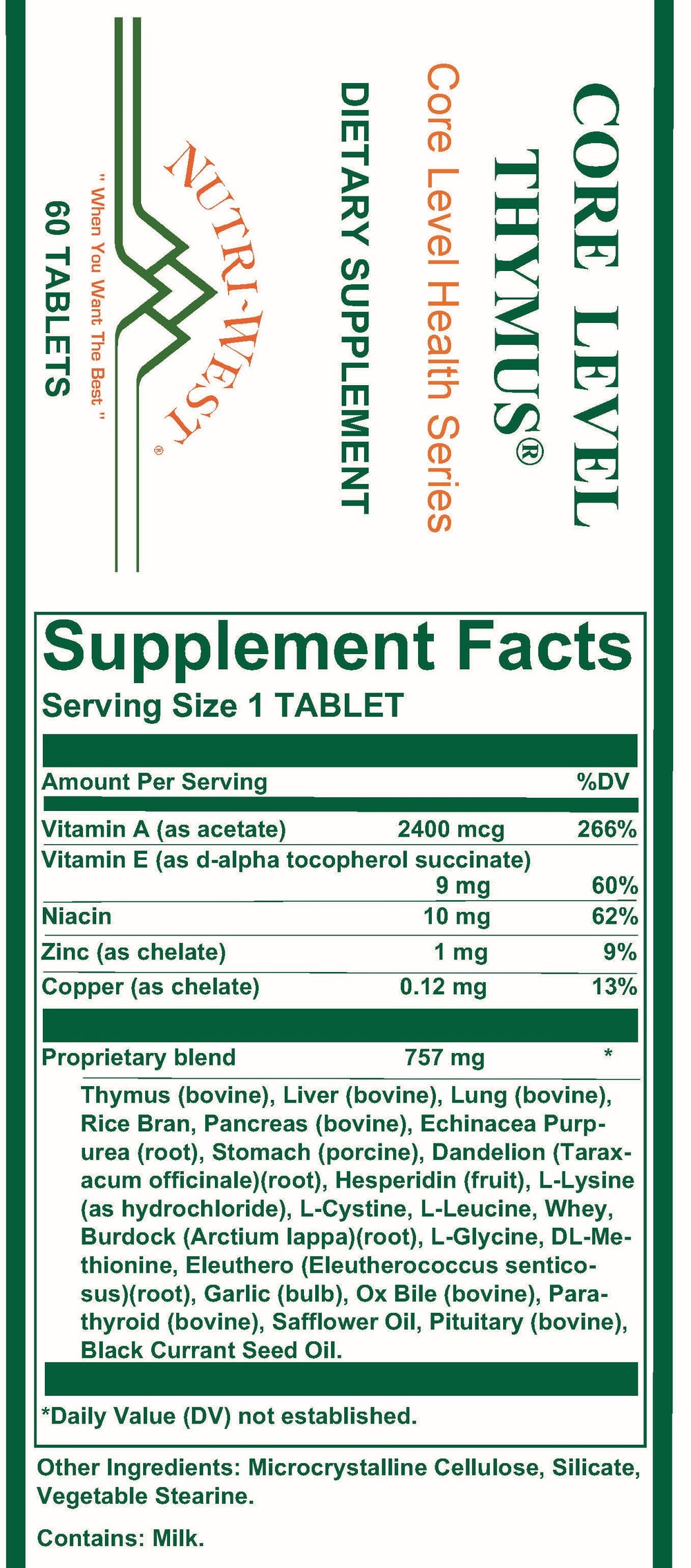 Nutri-West - Core Level Thymus - 60 Tablets - Supplement Facts panel