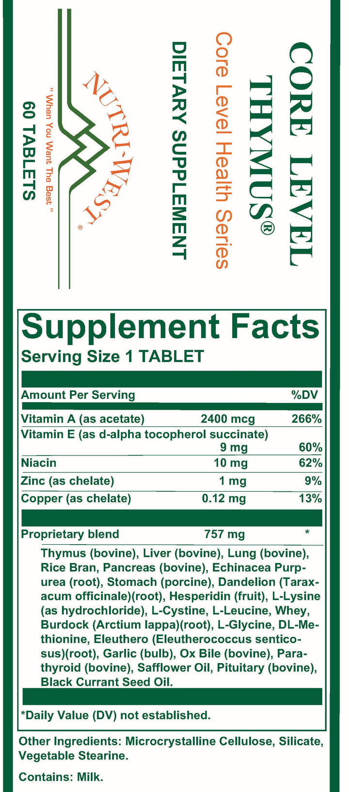 Nutri-West - Core Level Thymus - 60 Tablets - Supplement Facts panel