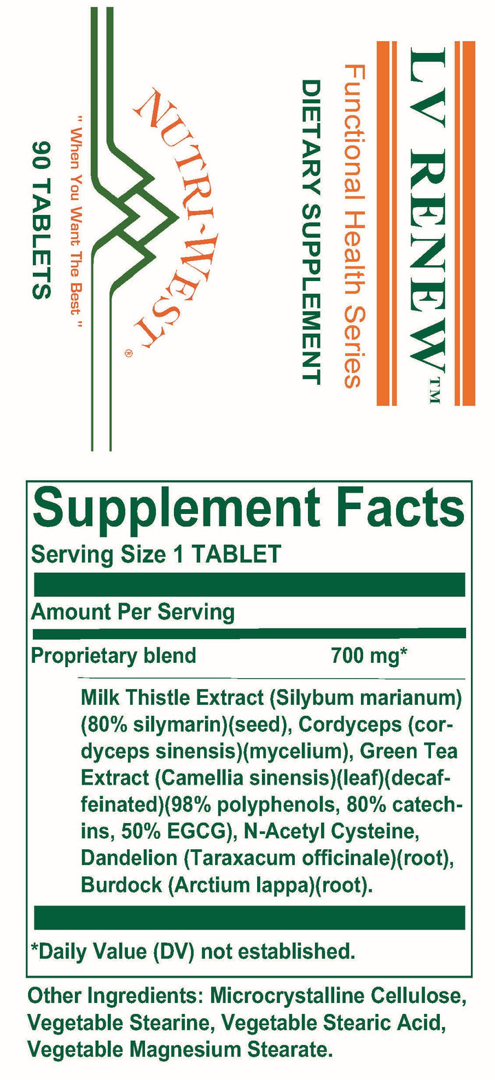 Nutri-West - LV Renew - 90 Tablets - Supplement Facts panel