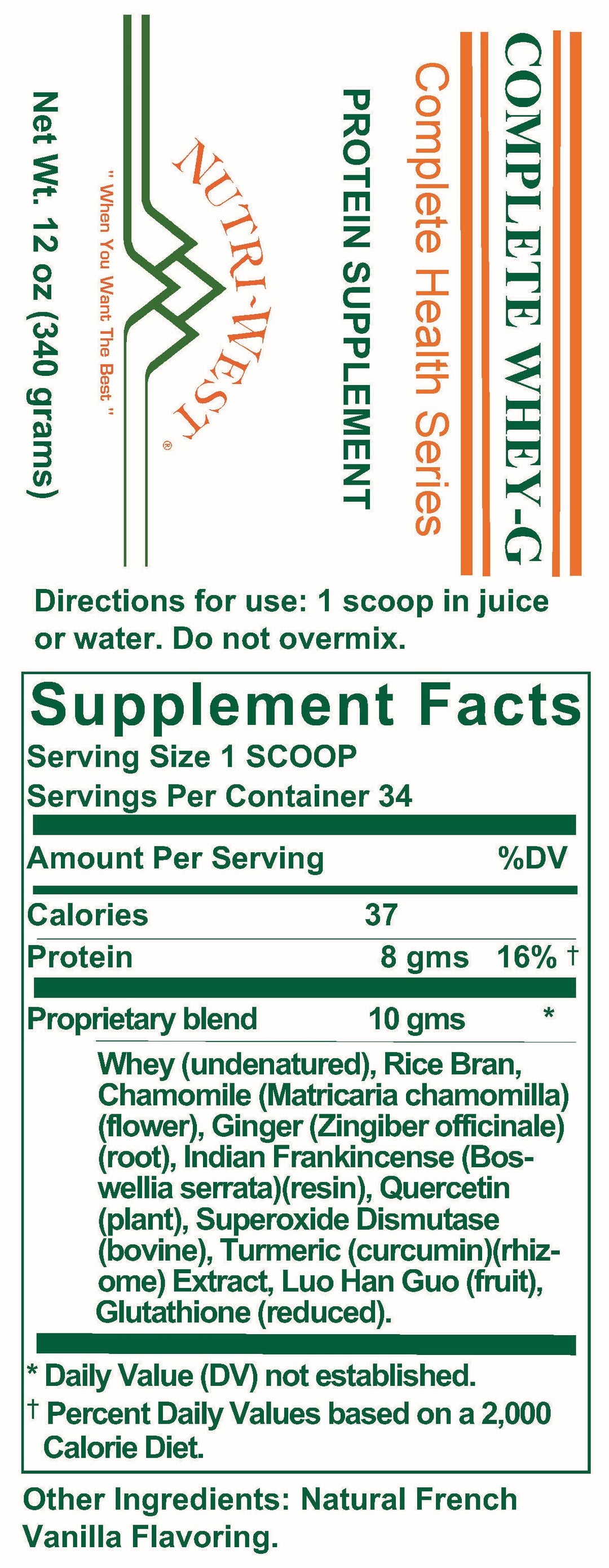 Nutri-West - Complete Whey-G - 12 oz - Supplement Facts panel
