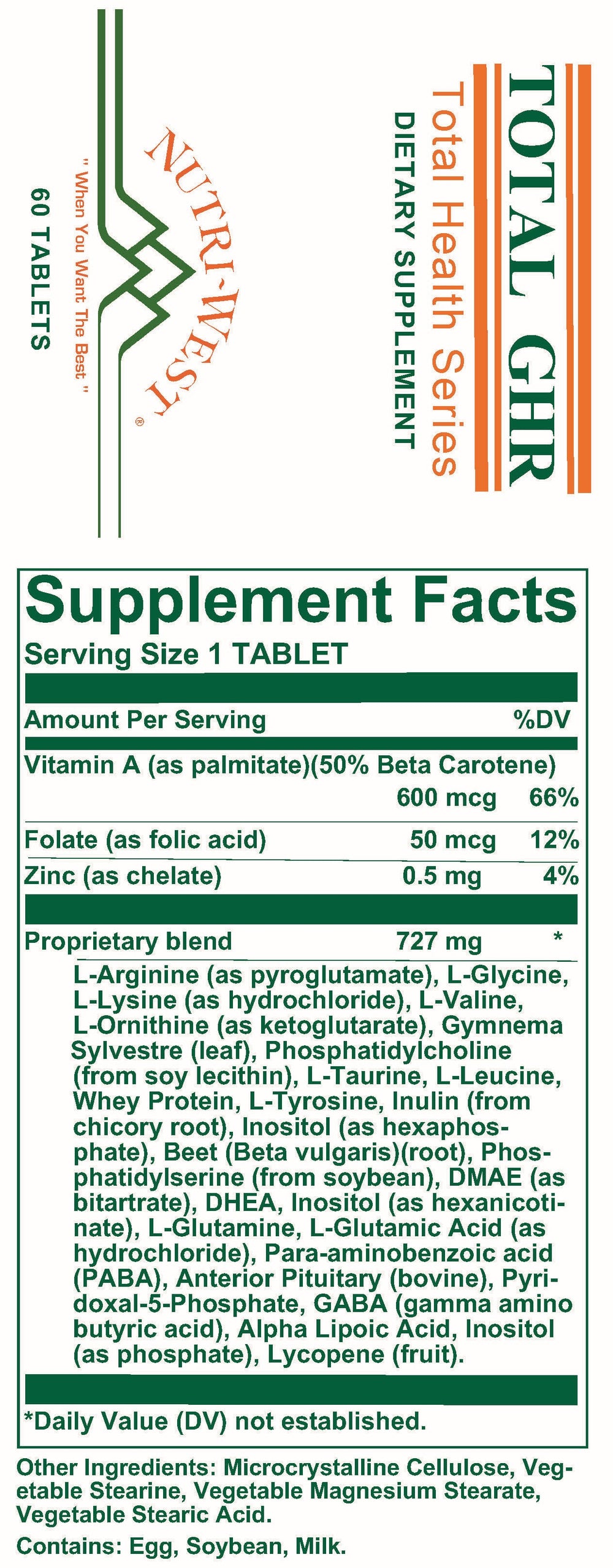Nutri-West - Total GHR - 60 Tablets - Supplement Facts panel