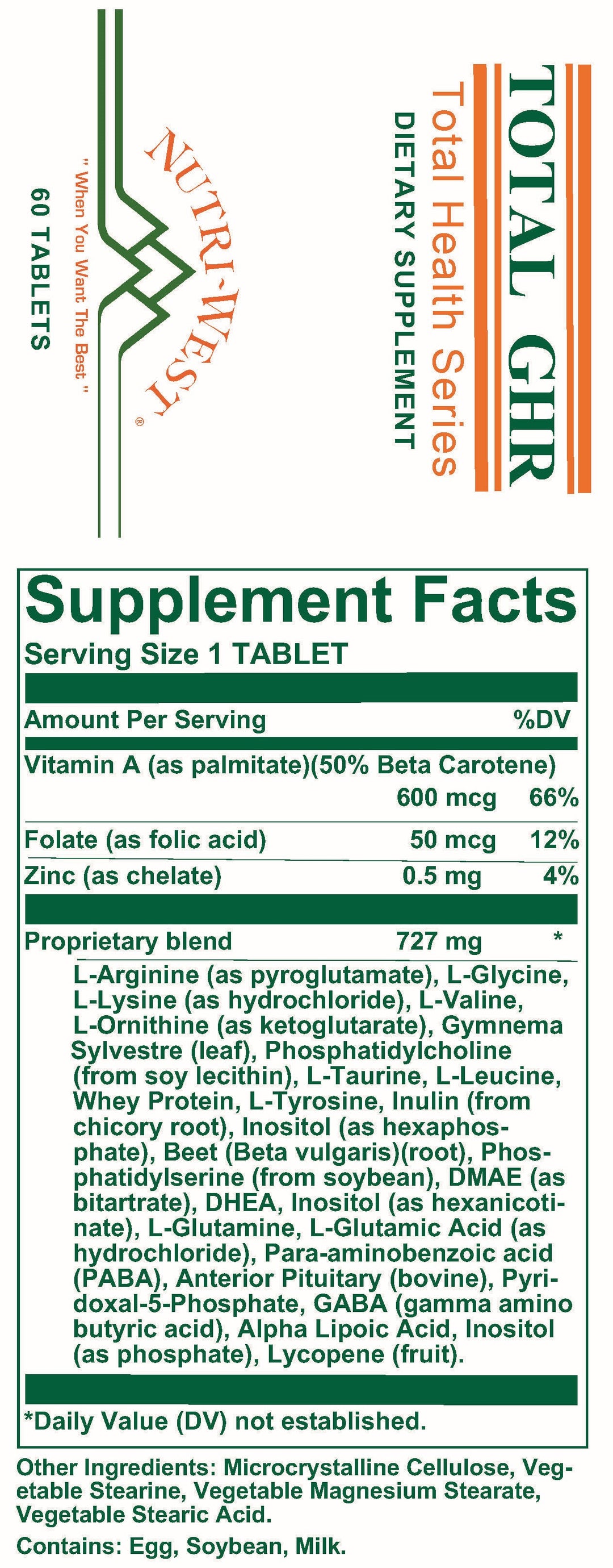 Nutri-West - Total GHR - 60 Tablets - Supplement Facts panel