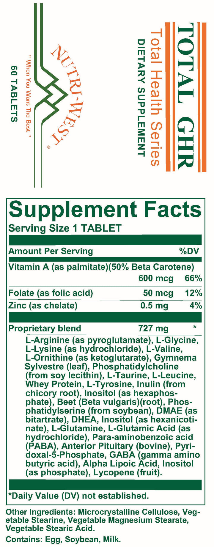 Nutri-West - Total GHR - 60 Tablets - Supplement Facts panel