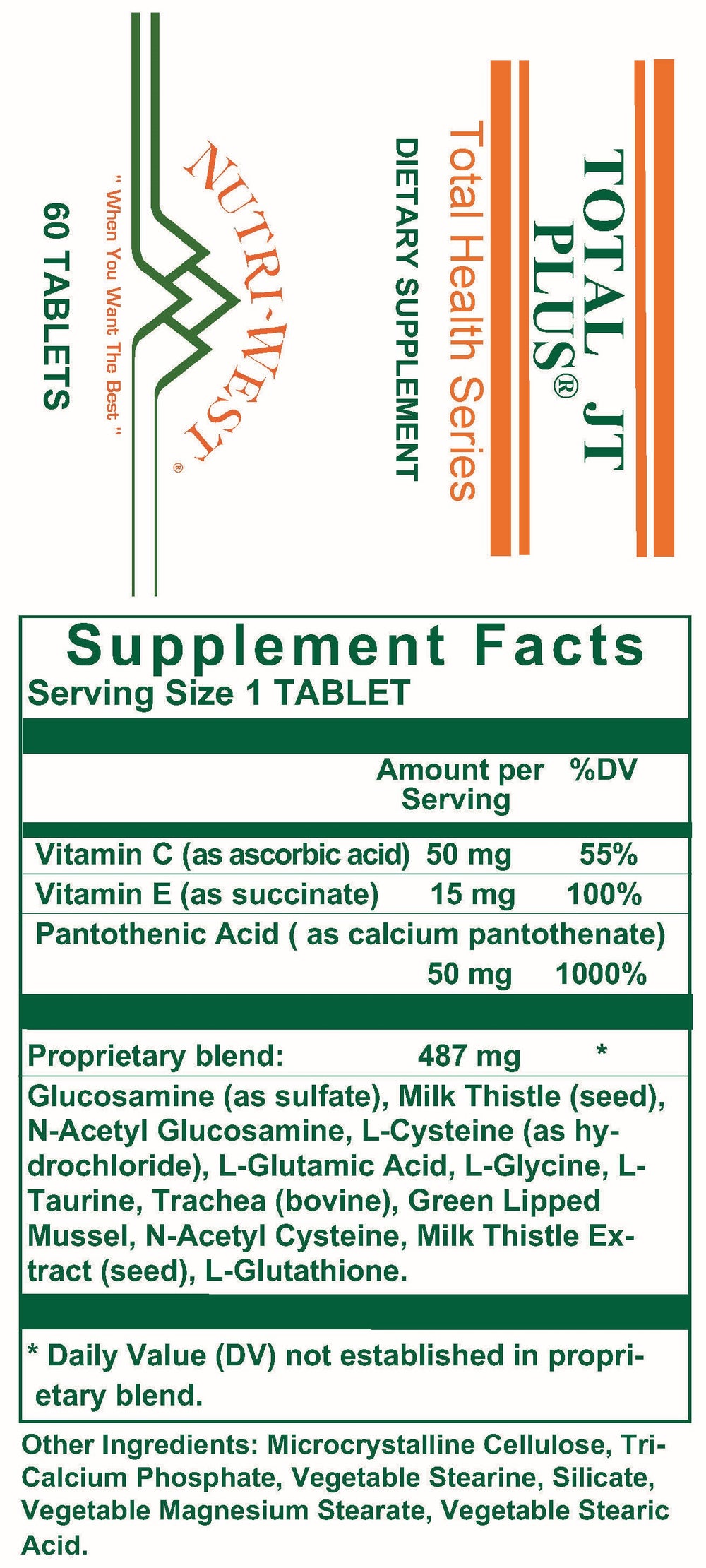 Nutri-West - Total JT Plus - 60 Tablets - Supplement Facts panel