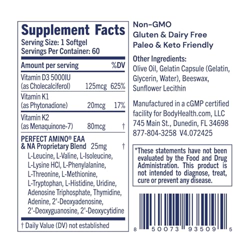 BodyHealth D3 + MK7 - Vitamin D3 5000IU, Vitamin K1, Vitamin K2 - Easy to Swallow Supplement, Supports Bone Strength &amp; Calcium Absorbtion* - 60 Softgels