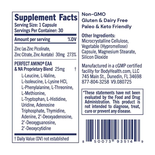 BodyHealth Zinc 30mg - Supplement for Growth &amp; Development, Antioxidant Activity - Natural Immune Defense &amp; Cellular Health - 30 Capsules