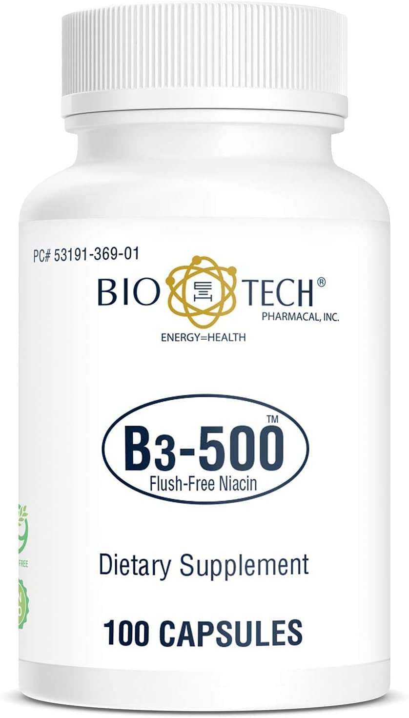 Bio-Tech Pharmacal B3-500, 100 Capsules – All-Natural Supplement – Supports Cardiovascular, Nerve, &amp; Skin Health – No Dairy, Fish, Gluten, Peanut, Shellfish, GMOs, &amp; Soy – No Artificial Colors