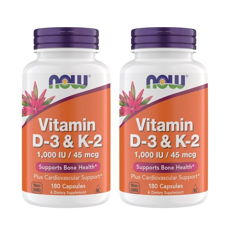Now Supplements Vitamin D3 K2, 1,000 IU/45 mcg, Cardiovascular Support, Supports Bone Health, 180 Vegetarian Capsules - Vegan, Gluten Free, Kosher Vitamin D3 and K2 Supplements (2)