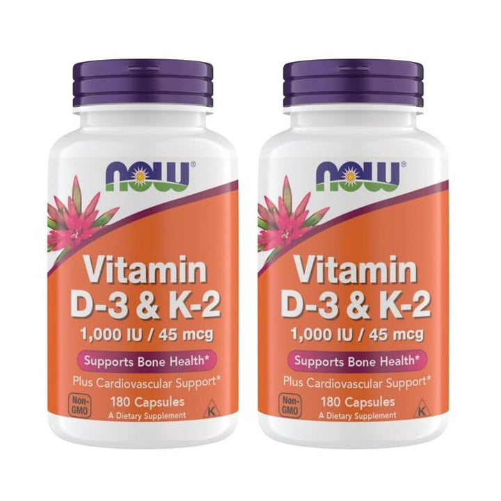 Now Supplements Vitamin D3 K2, 1,000 IU/45 mcg, Cardiovascular Support, Supports Bone Health, 180 Vegetarian Capsules - Vegan, Gluten Free, Kosher Vitamin D3 and K2 Supplements (2)