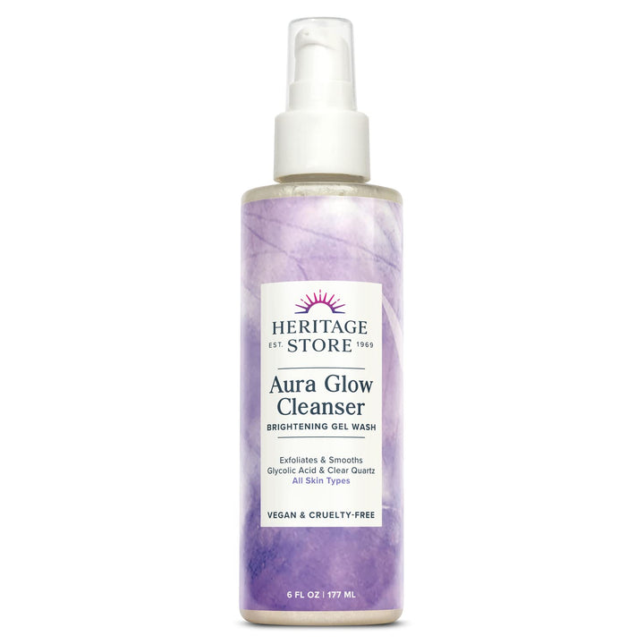Heritage Store Aura Glow Facial Cleanser, Brightening Wash for a Fresh Glow, All Skin Types, Revitalizing Gel Cleanser Exfoliates &amp; Smooths with Glycolic Acid, Niacinamide &amp; Clear Quartz, Vegan, 6oz