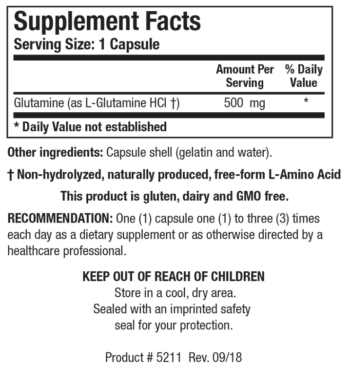 Biotics Research L-Glutamine - Supplement Facts panel