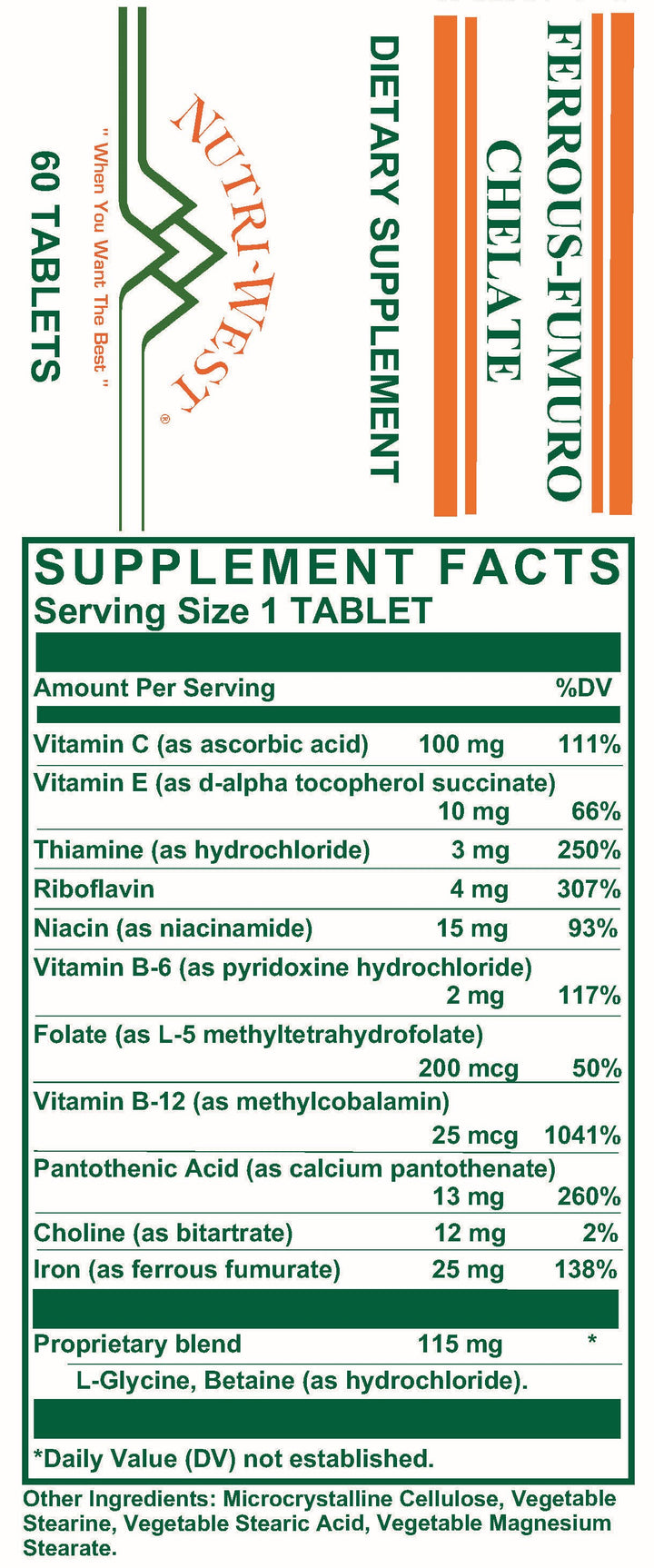 Nutri-West - Ferrous-Fumuro Chelate - 60 Tablets - Supplement Facts panel