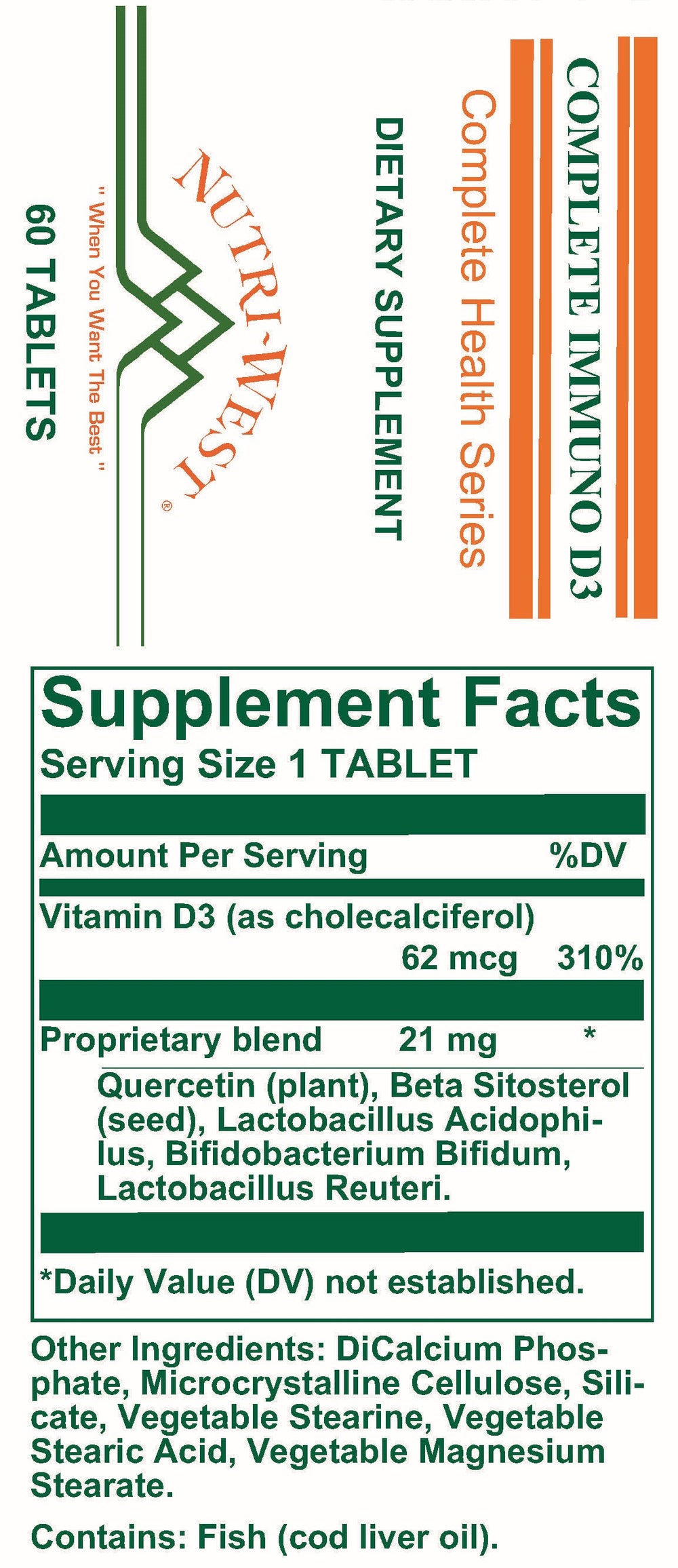 Nutri-West - Complete Immuno D3 - 60 Tablets - Supplement Facts panel