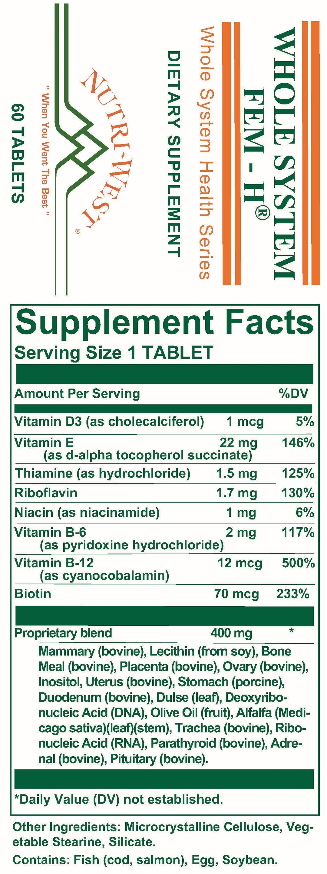 Nutri-West - Whole System Fem-H - 60 Tablets - Supplement Facts panel