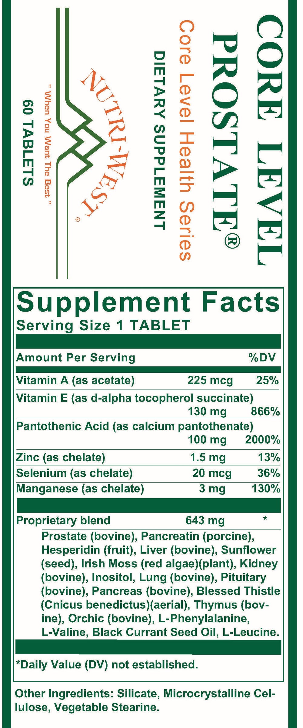 Nutri-West - Core Level Prostate - 60 Tablets - Supplement Facts panel