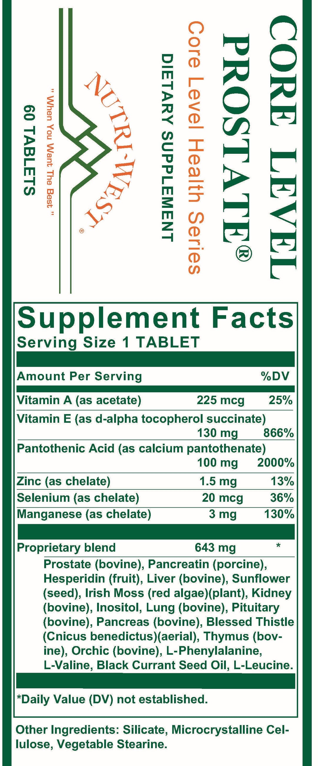Nutri-West - Core Level Prostate - 60 Tablets - Supplement Facts panel