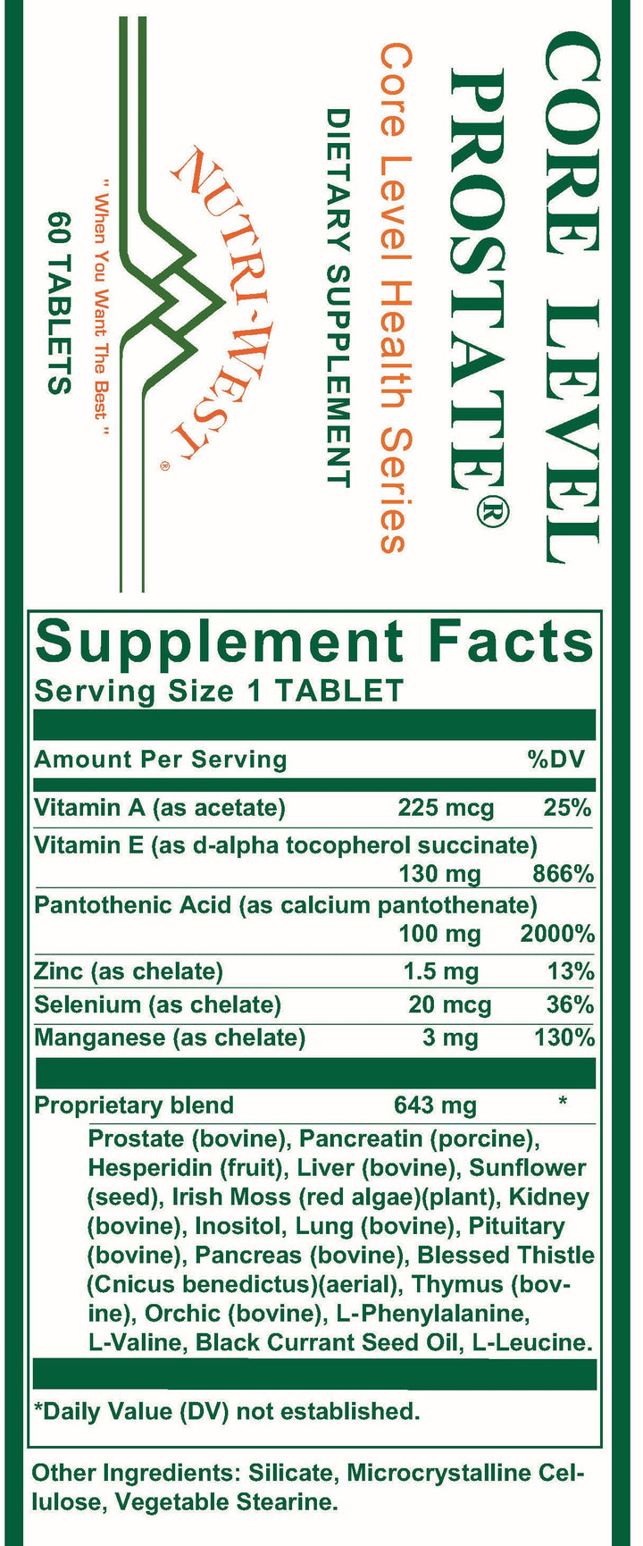 Nutri-West - Core Level Prostate - 60 Tablets - Supplement Facts panel